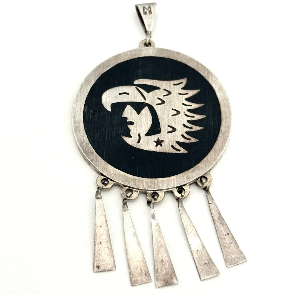Vintage Taxco Mexico Sterling Turquoise Onyx Heavy Medallion Reversible Pendant